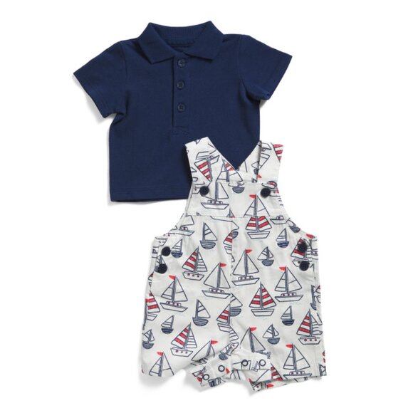 LITTLE ME White Multi Newborn Boys 2pc Woven Sailboats Shortalls Set - Picture 1 of 2